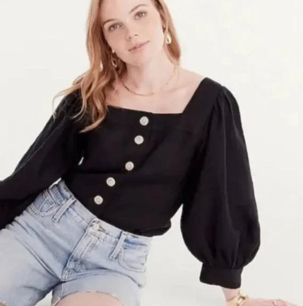 J. Crew Black Squareneck Button-Up Linen Top NWT Size X-Small